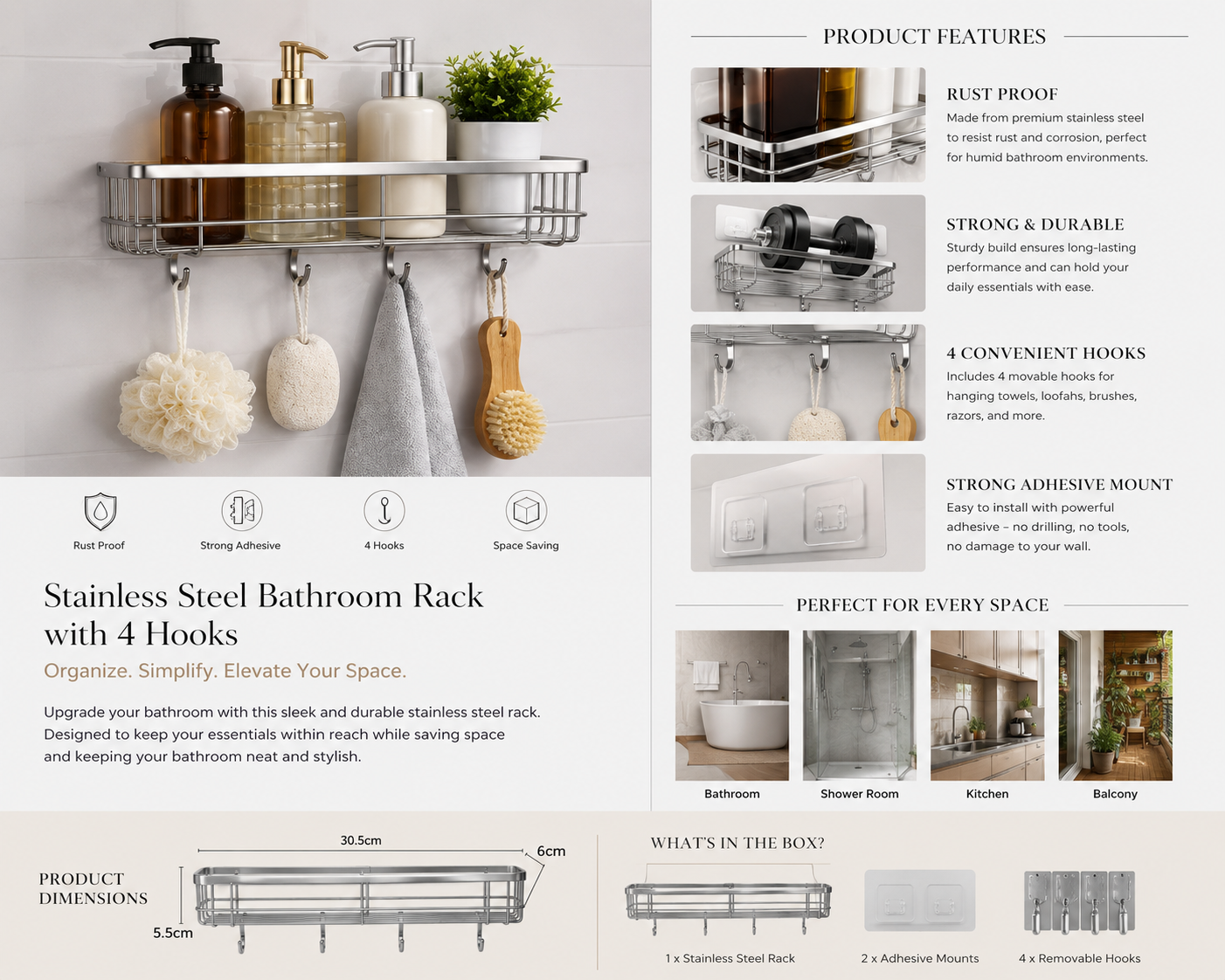 Stainless Steel Bathroom Rack with 4 Hooks